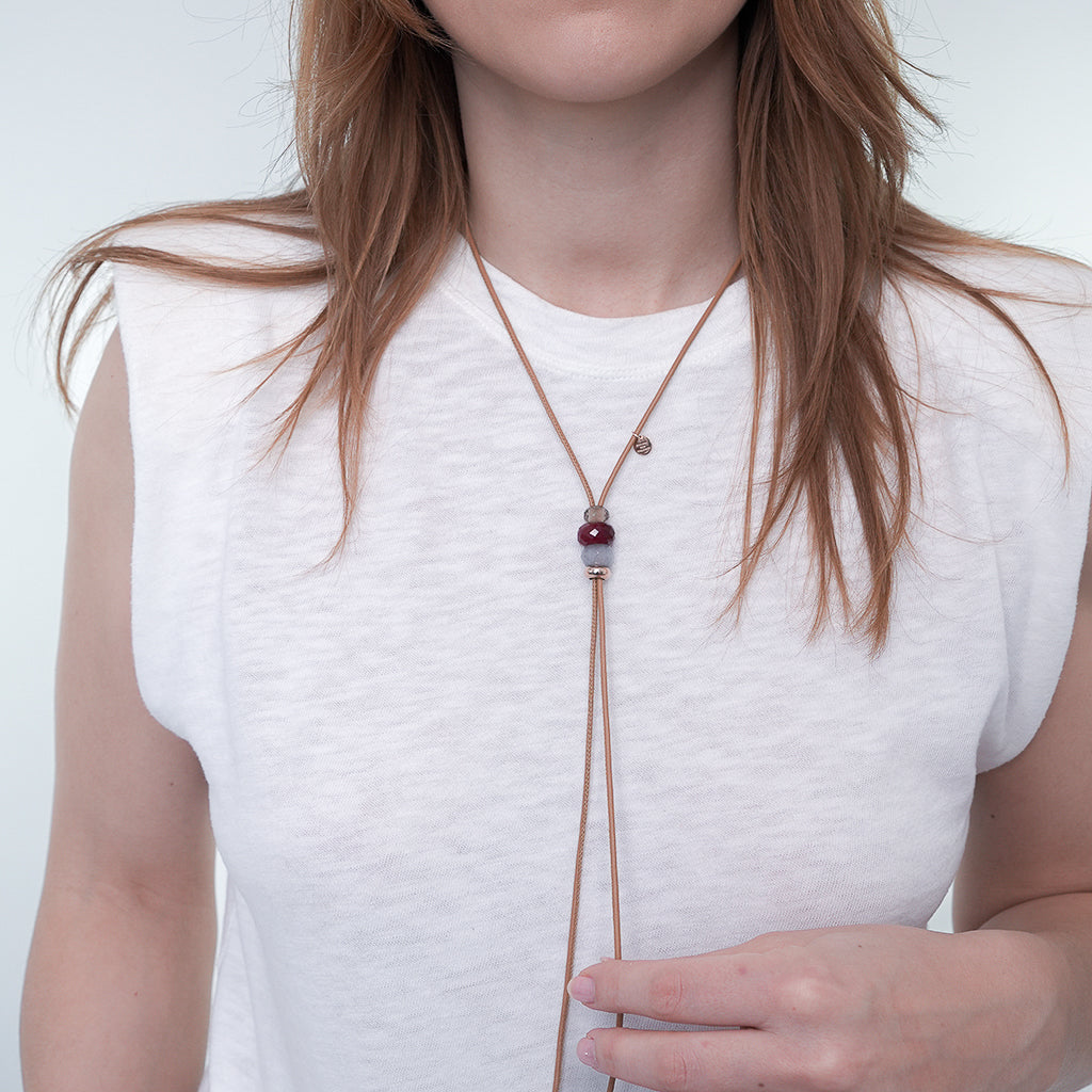 ANNY TRIO KETTE Muskat Rauchquarz/Pink Quarz/Grauer Mondstein