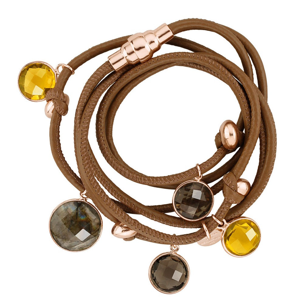 BEVEN LEDERARMBAND NOUGAT LABRADORIT