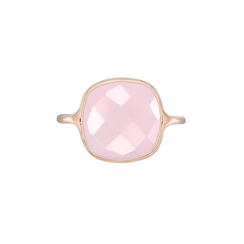 Feiner GRETA Rosenquarz Ring mit einem 1,5cm großen, beidseitig facettiertem Edelstein in Silber 925 und rosévergoldet