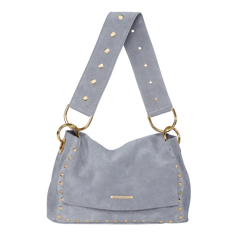 Wildledertasche steinfarben mit goldenen Nieten und Details