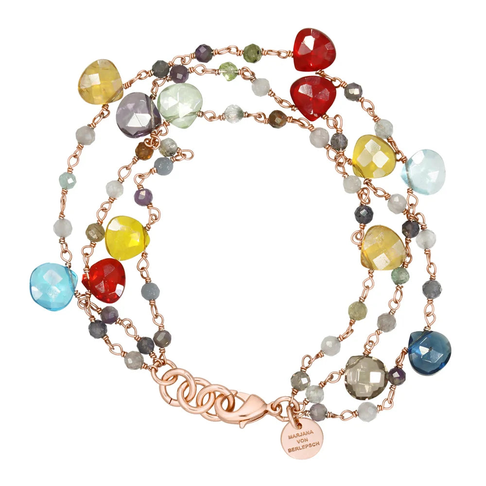 Mehrreihiges Armband mit bunten Edelsteinen in Roségold-Optik, ideal für den Layering-Look