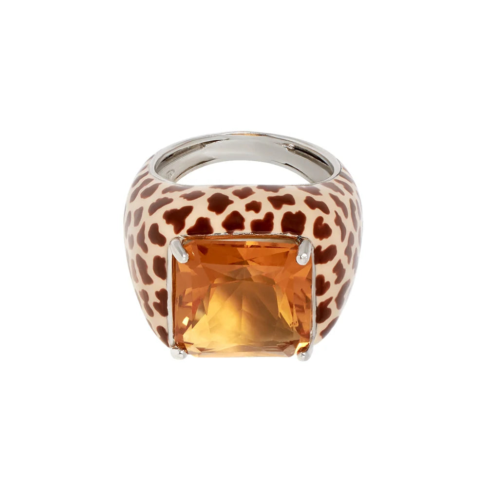 SPIDER Animal Ring mit Giraffenmuster und großem orangefarbenem Stein als Statement-Ring