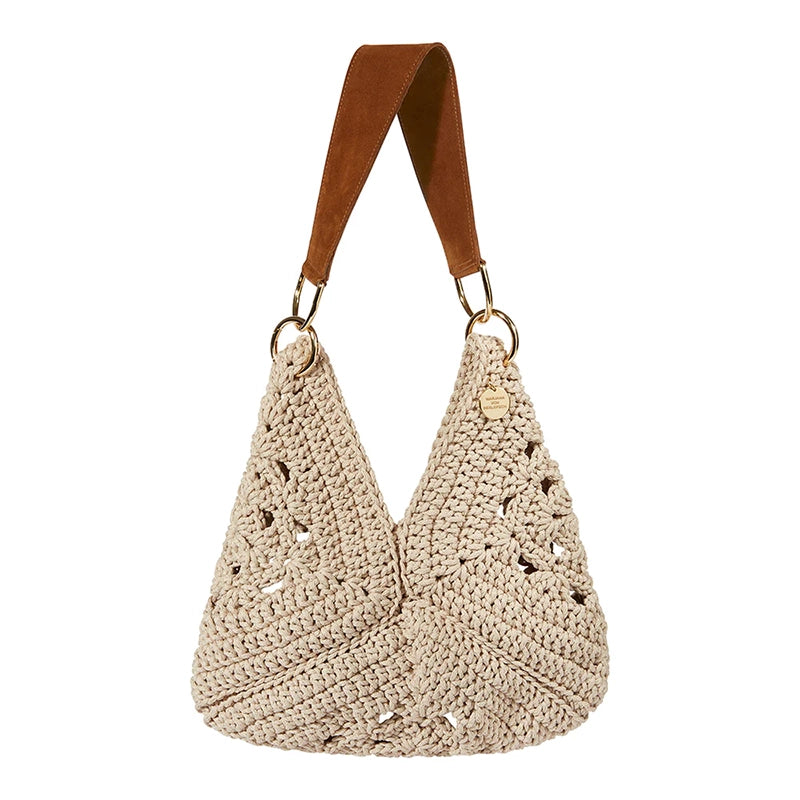 Spitz zulaufende Häkeltasche mit kurzem Wildledergurt