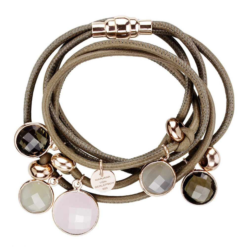 BEVEN LEDERARMBAND SCHLAMM ROSENQUARZ