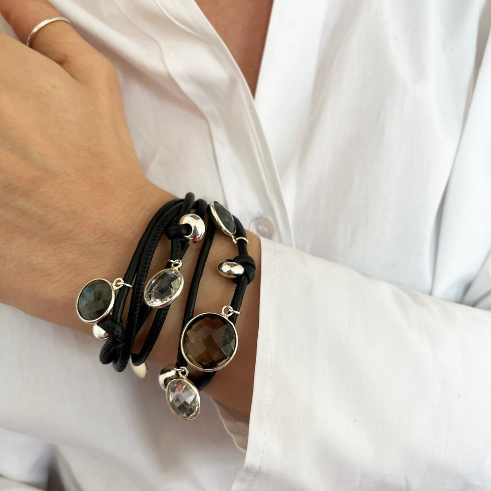 BEVEN LEDERARMBAND SCHWARZ RAUCHQUARZ