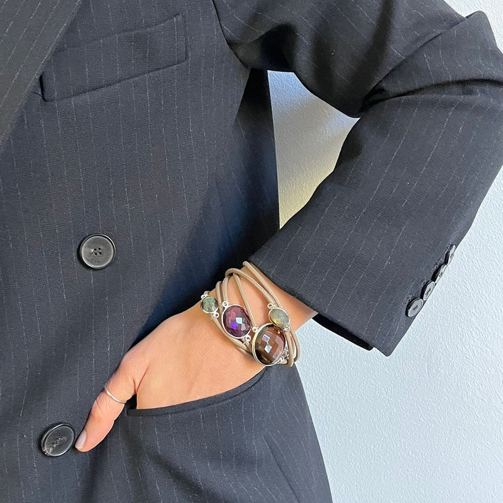 MOGUL LEDERARMBAND RAUCHQUARZ AMETHYST TAUPE