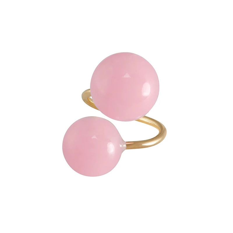 Rosenquarzkugelring BESSIE, Carbouchon geschliffen in Silber 925 und 18 Karat vergoldet.
