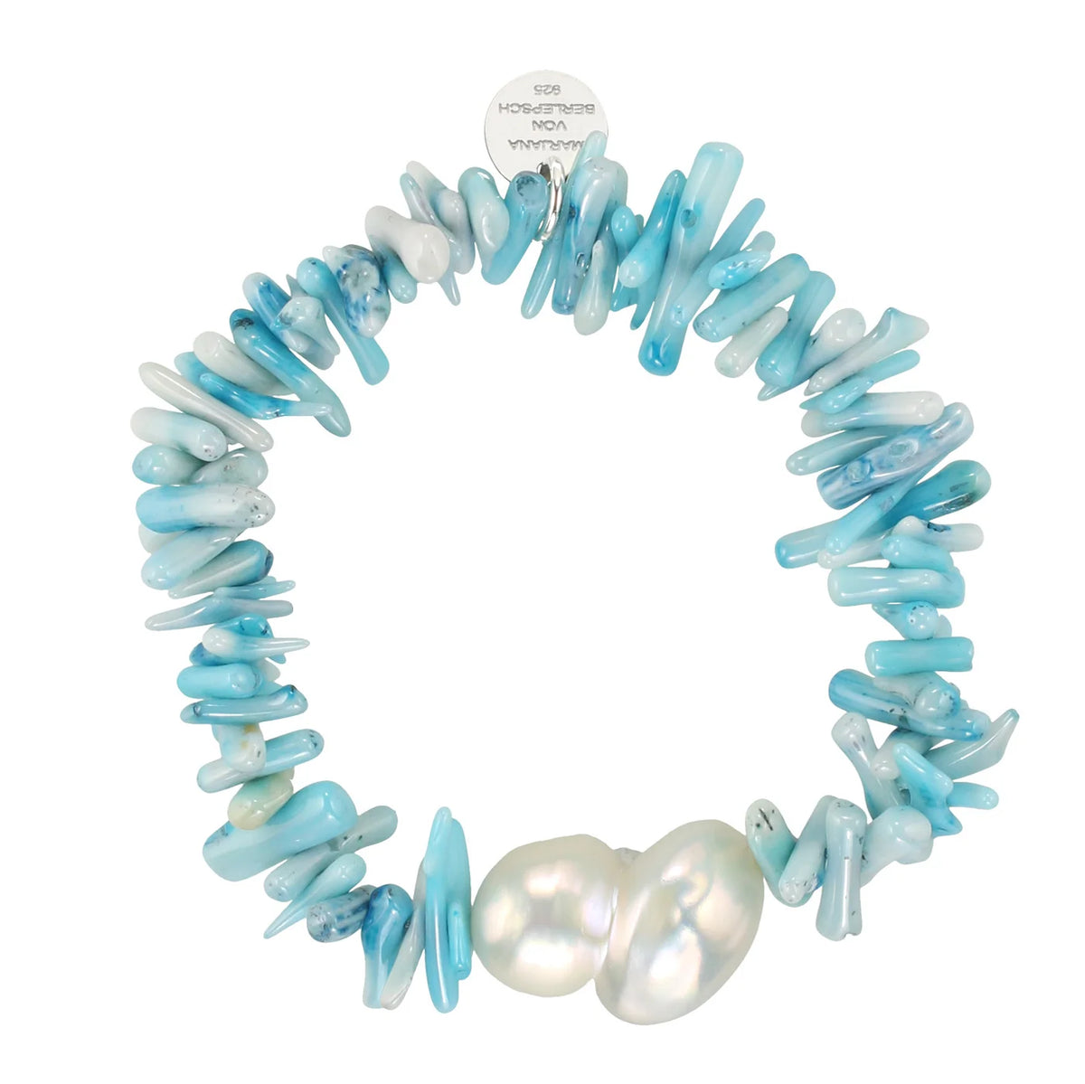 Türkisfarbenes Armband mit Korallenstücken und weißer Barockperle, elastisch