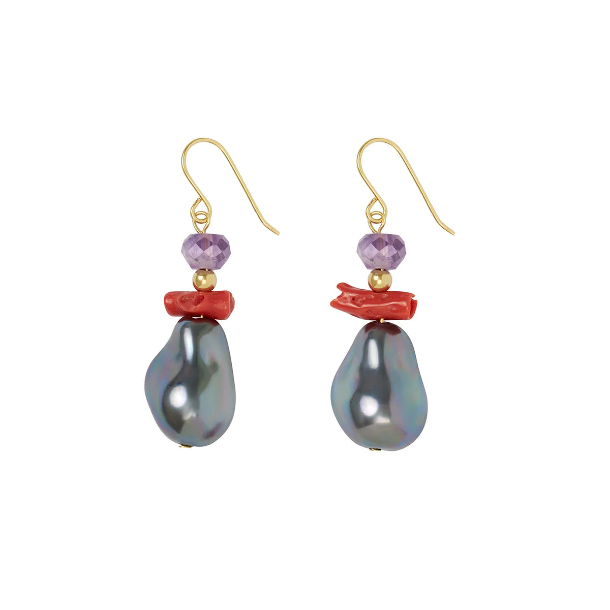 SWING Ohrringe mit grauer Barockperle, Amethyst und roter Koralle an goldfarbenen Ohrhaken